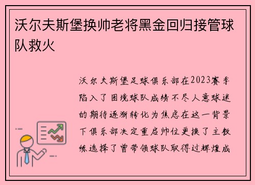 沃尔夫斯堡换帅老将黑金回归接管球队救火 沃尔夫斯堡换帅老将黑金回归接管球队救火